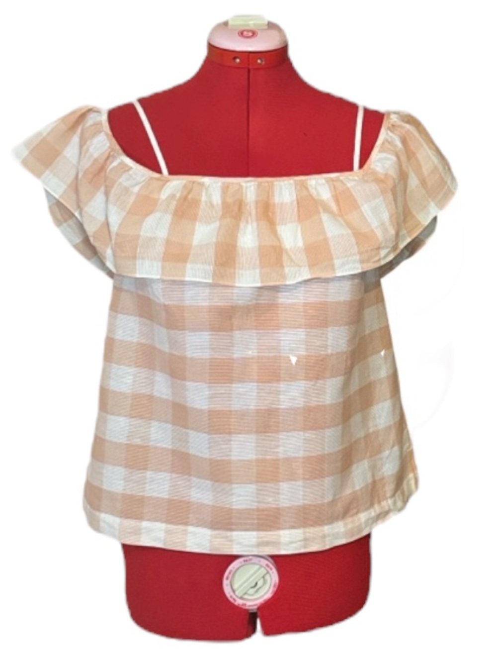 Club Monaco Peach and White Gingham Ruffle Off-The-Shoulder Tank Top Size Small - Picture 2 of 16